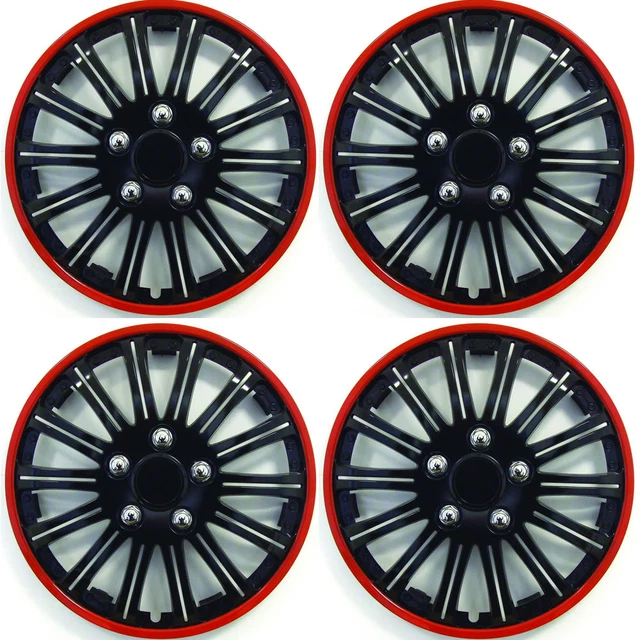 14" Inch Lightening Sports Wheel Cover Trim Set Black With Red Ring Rims (4Pcs)