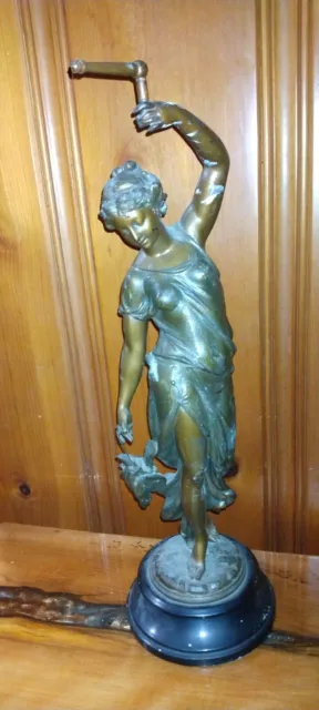 Antique Statue Ansonia Mystery Swinger Clock Huntress Cast Spelter Bronze Lady