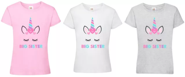 Big Sister Unicorn Girls T-Shirt - Printed Pregnancy Reveal Party Gift Top Pink