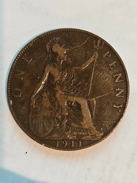 1911 Great Britain One Penny Coin, Amazing Detail