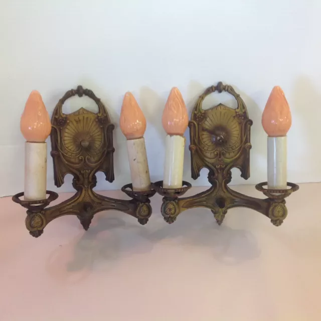 Vtg 1910's Pair Cast Iron Wall Light Sconces Electrified Lighting Polychrome