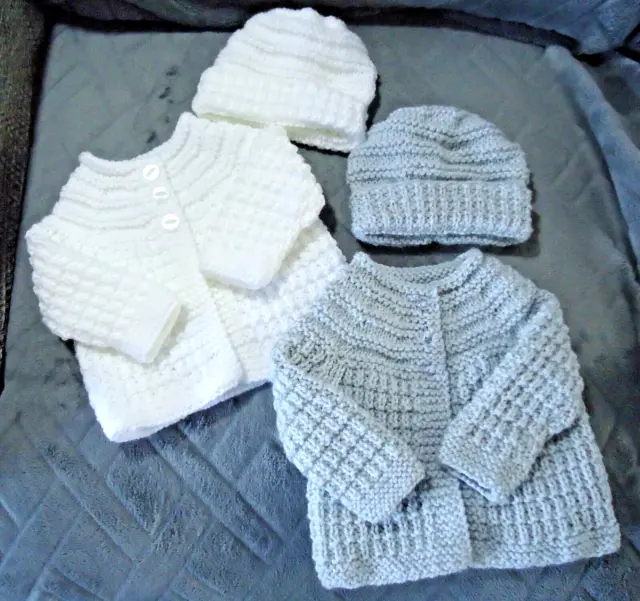 Pack of 2 - Hand knitted Baby Matinee coat & hat sets - Newborn/Reborn