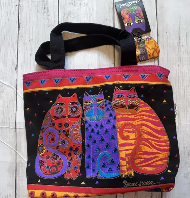 New Laurel Burch Fantastic Cat Bag Tote Hand Painted with Wooden Keychain Charm