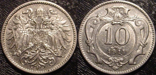 Hi Grade A.unc Key Date 1911 10 Heller Austrian Empire**Superb Details-Km#2802