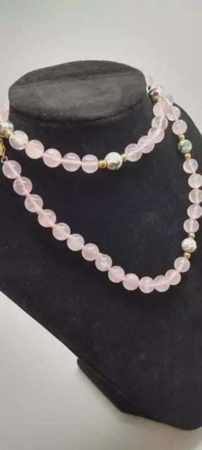 Vintage Rose Quartz 24" necklace with gold tone clasp & cloisonne bead stations.