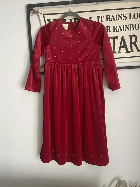Abito da festa vintage Laura Ashley velluto rosso rialzato a mano ragazze 9 anni
