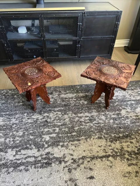 Pair of Hand Carved Wood Plant Stand Collapsible Ornate India Vintage