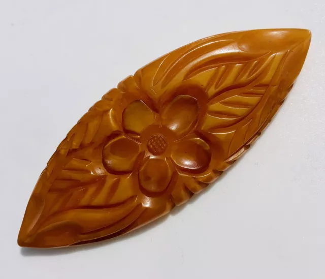 Carved Flower Butterscotch Bakelite Brooch / Pin Vintage