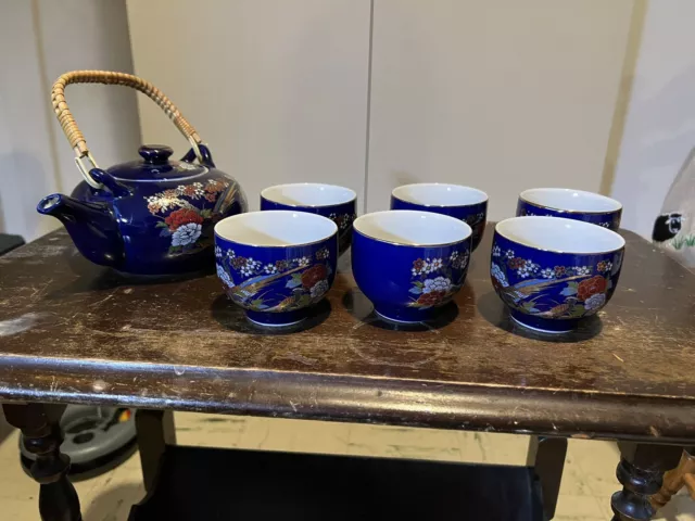 JAPANESE TEA SET   Blue Flowers Porcelain Teapot + 6 Cups