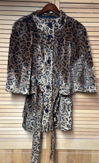 NEW Betsey Johnson Sheared Faux Fur Belted Lightweight Leopard Capelet Coat L 3