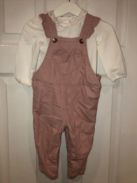 Baby Girls 6-9m H&M Pink Fine Corduroy Dungarees & Long Sleeve Vest Age 6-9m New
