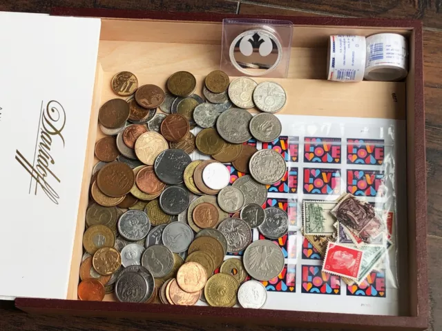 ESTATE LOT-Cigar Box COIN COllection WW2 Nazi SILVER/Stamps, Star Wars Niue 2022