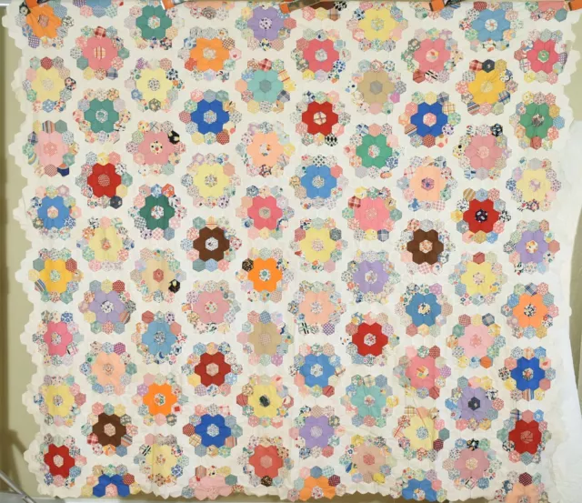 Colorful Vintage 30's Grandmother's Flower Garden Mosaic Antique Quilt Top!