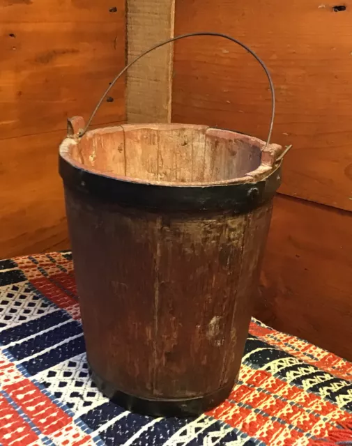 Antique New England Primitive Wooden Pail Bucket Wire Handle Old Red Wash