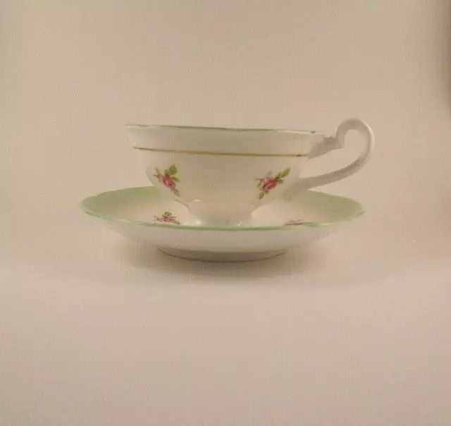 Royal Stafford Bone China Teacup & Saucer Pink Roses & Lime Green Band