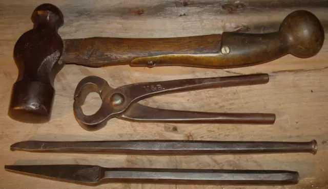 Vintage Unique Blacksmith Hammer, Tong & Chisel Tool Lot Anvil Forming Tools