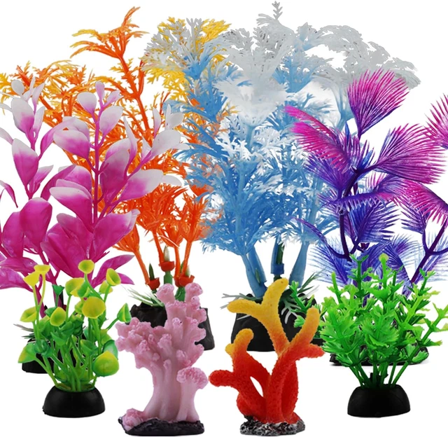 12 Kunstpflanzen Für Aquarium – Bunt, 11–30 Cm Hoch, Mit Flachem Standfuß, Für 10–20 Gallonen, Dekorativ & Ungiftig (PVC)