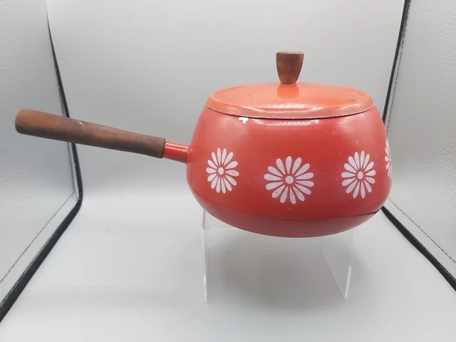 Olla de fondue roja retro vintage con mango de madera y tapa Kitchenalia años 60/70