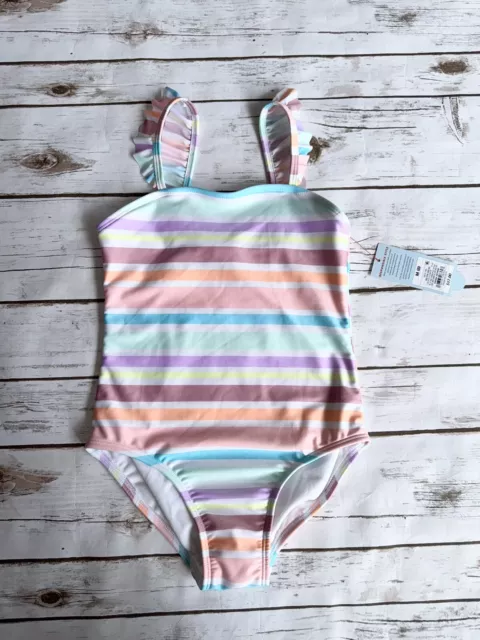 NWT Girls Cat & Jack One Piece Swimsuit Swim Wear Pink Blue Yellow Stripe 8