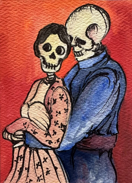 Original ACEO Man Woman Skeletons Painting Miniature Art Card Ooak