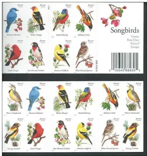 United States 2014 Songbird Postage Booklet Stamps of 20 MNH