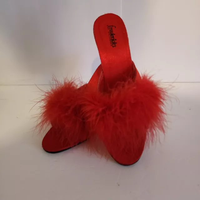 Fredericks of Hollywood Red Maribou Feather Mules Slippers Shoes Heels Size 7