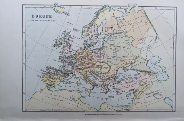 1877 ANTIQUE MAP - EUROPE LATTER PART 10th CENTURY KINGDOM OF HUNGARY SAXONY