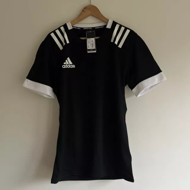 adidas 3 Stripes Mens Rugby Shirt Fitted Top Teamwear Match Jersey 3S Black XL
