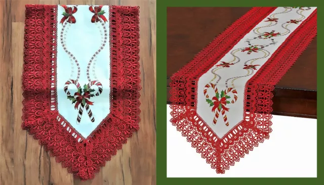 Christmas Candy Cane Embroidered Lace Linen Table RUNNER Red White 74x16”