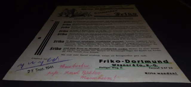reklame blatt konservierung d. einmachen friko dortmund wegner & co werbung 1941