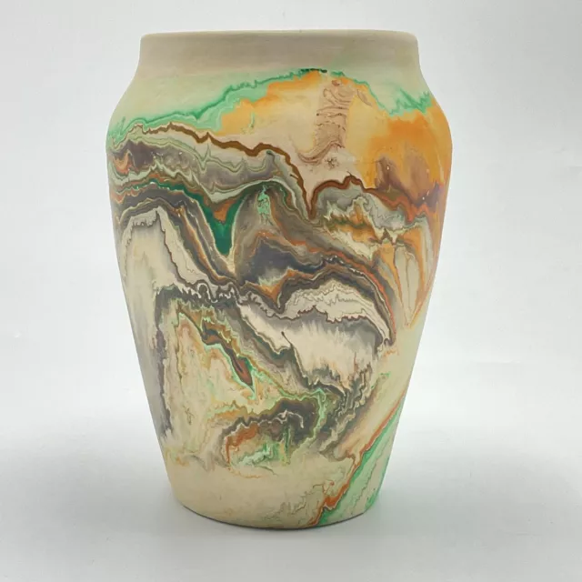 Nemadji USA Native American Swirl Clay Pottery Vase Orange Green 6” Vintage