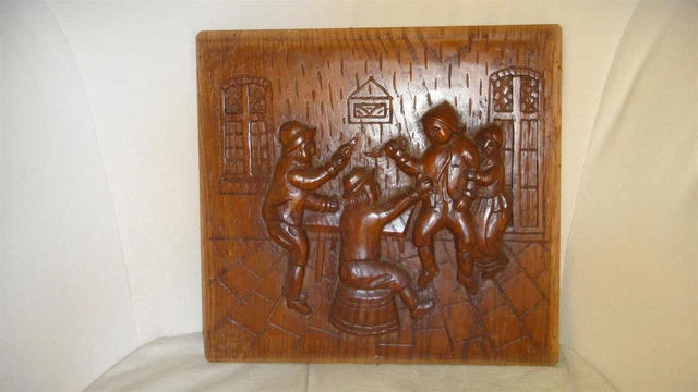 Old Dutch Antique High Relief Carved Oak Wood Furniture Panel Tavern Scene