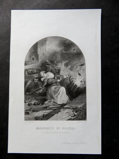 GRAVURE ANCIENNE 19e - MARGUERITE DE BUSSEUL AU SIEGE DE VERDUN SUR LE DOUBS