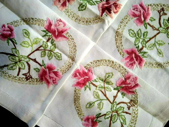 Stunning Pink Rose Cameos  Vintage Hand Embroidered Tablecloth