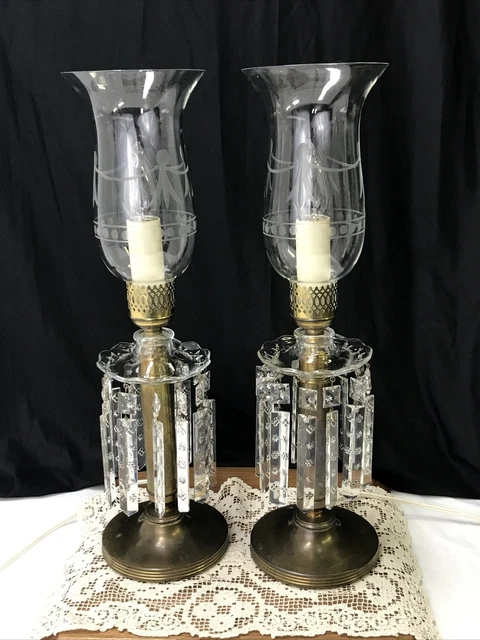 Vtg Pair Art Deco Bedside Boudoir Table Lamps Crystal Glass Prisms Hollywood Reg