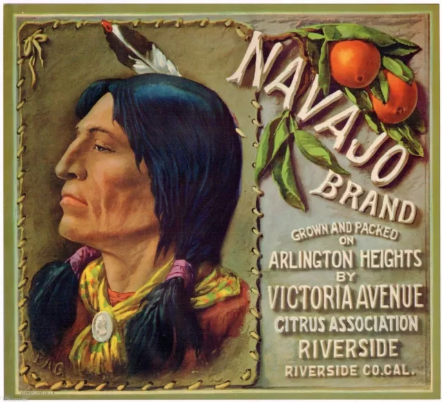 NAVAJO~ORIGINAL 1930s RIVERSIDE ORANGE FRUIT CRATE LABEL~NATIVE AMERICAN INDIAN