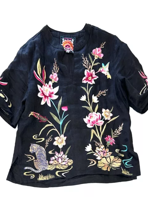 Johnny Was Medium black linen blouse womens embroidery short sleeve tunic v  BW