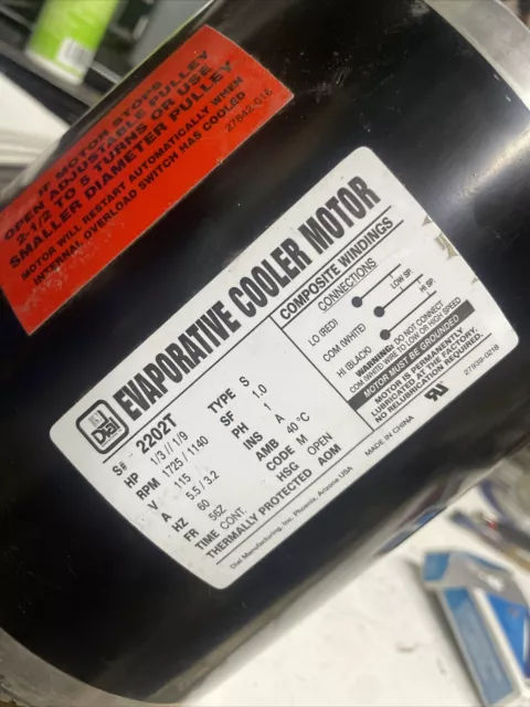 Dial 1/3 hp 115V 2 Speed Permanently Evaporative Cooler Motor 2202 (2202T)