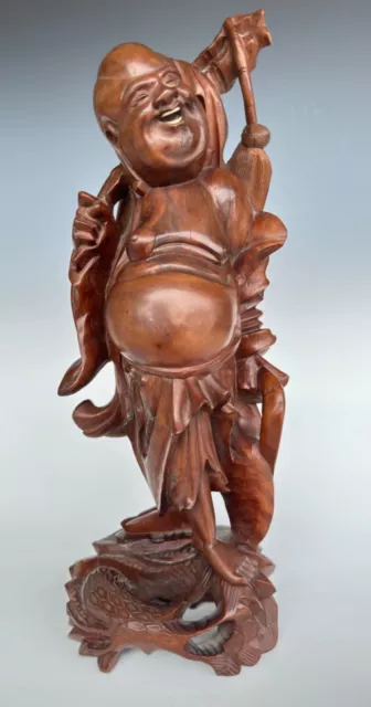 Chinese Standing Happy Buddha Carved Wood Statue Figure 15 1/2" Tall 39.37 cm