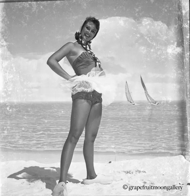 1950s Bunny Yeager Camera Negative Bathing Beauty & Sailboats Backdrop Oddity NR