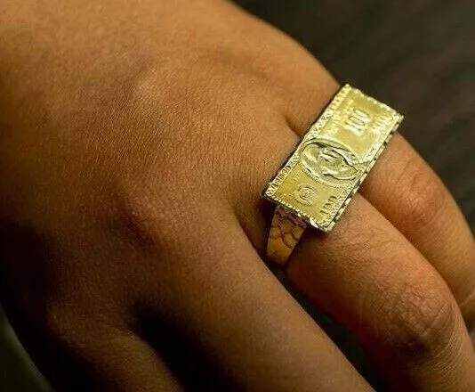 Men's Hundred Dollar Bill Money Two Finger Gift Ring 14K Yellow Gold Plated