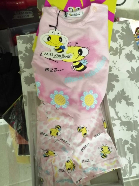 NUOVO pigiamino estivo maglietta e pantaloncini per bambina con scatola Miss Rib