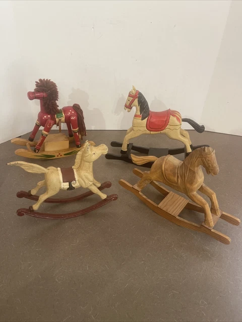 Vintage Miniature Wooden Rocking Horse Hand Painted Folk Art Wood Cast Iron Lot