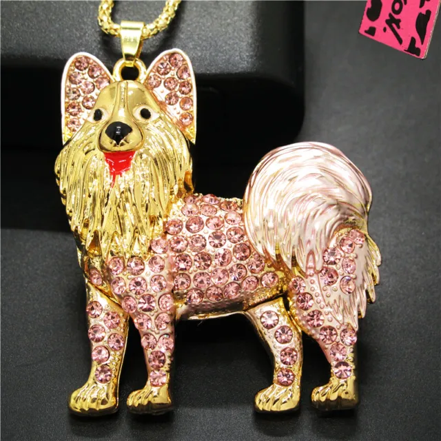 Hot Betsy Johnson Pink Rhinestone Cute Dog Crystal Pendant Chain Necklace