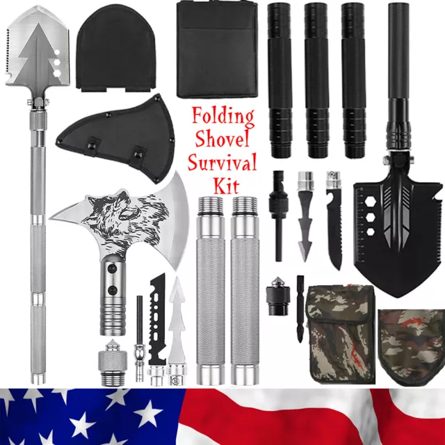 Survival Shovel Emergency Camping Hiking Knife Axe Saw Folding Tactical Gear Kit