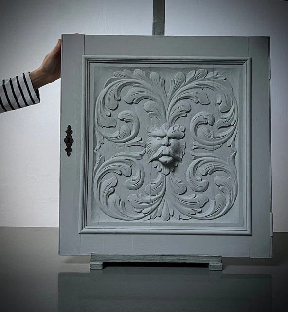 Antique French Carved Cabinet Door. Chalk Paint Decoration. Green Man Motif.