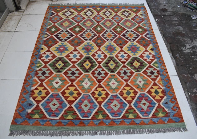 5'1 x 6'7 Handmade afghan tribal khotrang wool area kilim rug, 5x7 persian rug