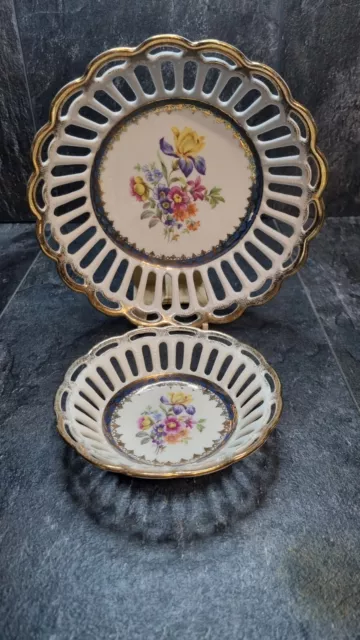 Vintage PM Dresden Porcelain China Ribbon Dish X2 8.5" And Small Dish 5 1/4"