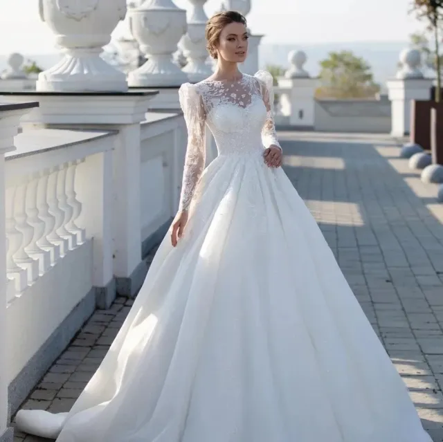 Long Sleeve Appliqué Lace Tulle A Line Illusion Train Bridal Gown Wedding Dress