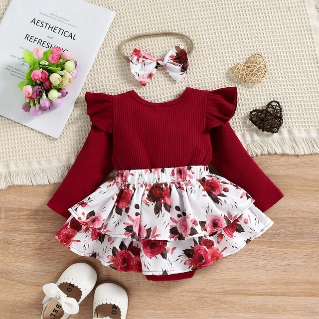 2PCS Newborn Baby Girls Floral Ribbed Romper Dress Headband Set Outfit Clothes 5